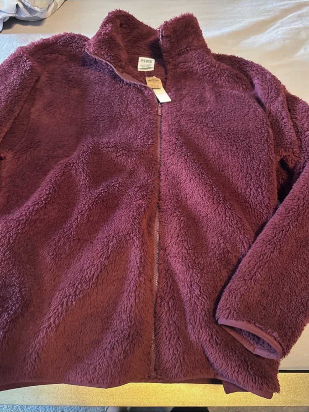 PINK Victoria's Secret Plush Teddy Zip-Up Jacket in Burgundy